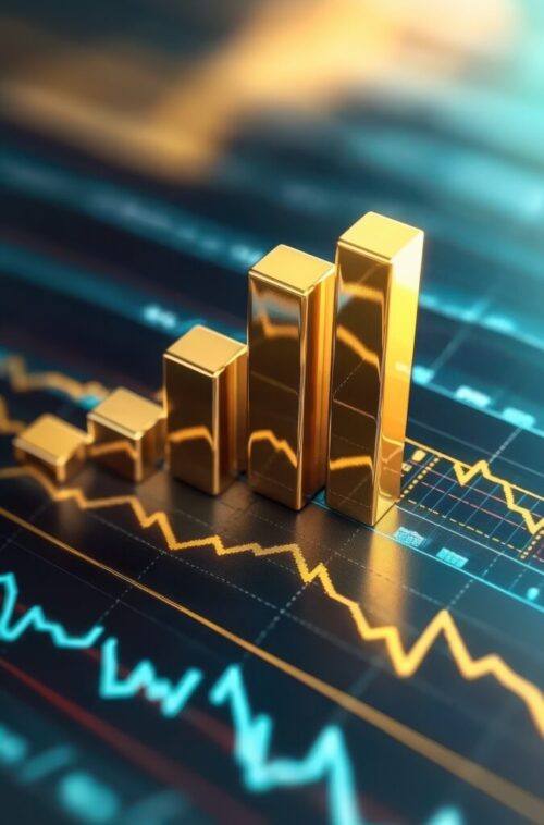A gold bar chart growing upwards on a stock market graph background, symbolizing financial success, investment chart, finance chart A gold bar chart growing upwards on a stock market graph background, symbolizing financial success, investment chart, finance chart