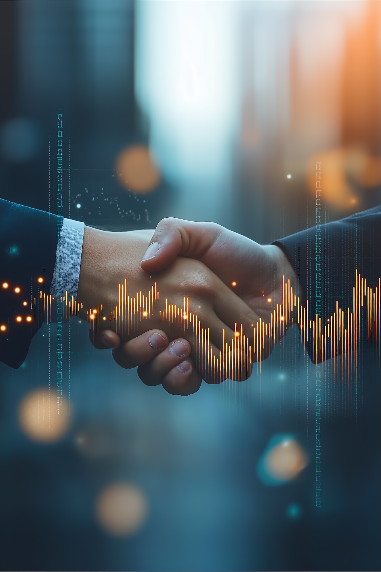 Business handshake with digital financial graph symbolizing partnership and economic growth Business handshake with digital financial graph symbolizing partnership and economic growth